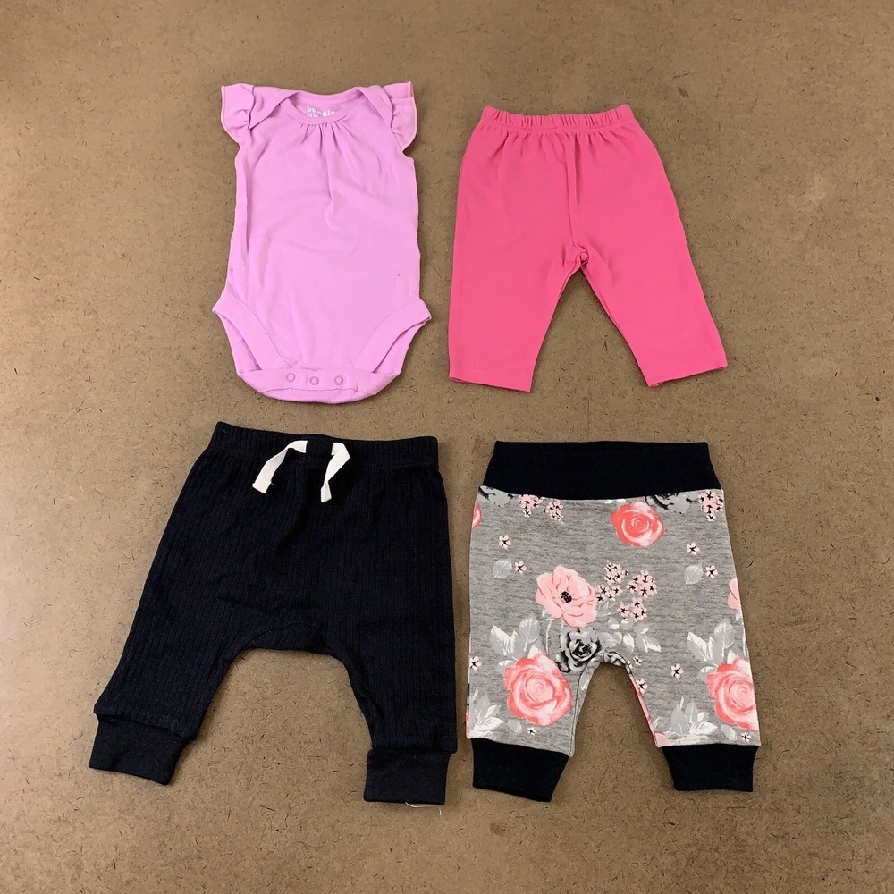 Baby Girl Size 0-3 Months Mixed Brands Bodysuit & Pull On Pants 4 Pieces New